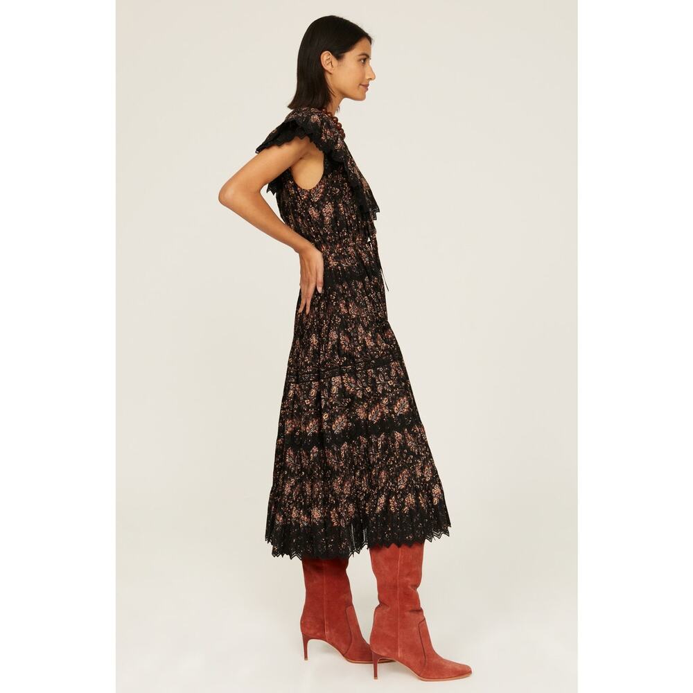 Ulla Johnson Jacqueline Black Floral Pleated V-Neck Cocktail Evening Midi Dress - Picture 2 of 16